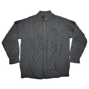 Aran Crafts Sweater Mens XL Gray Merino Wool Cable Knit 1/4 Zip Mock Neck Irish